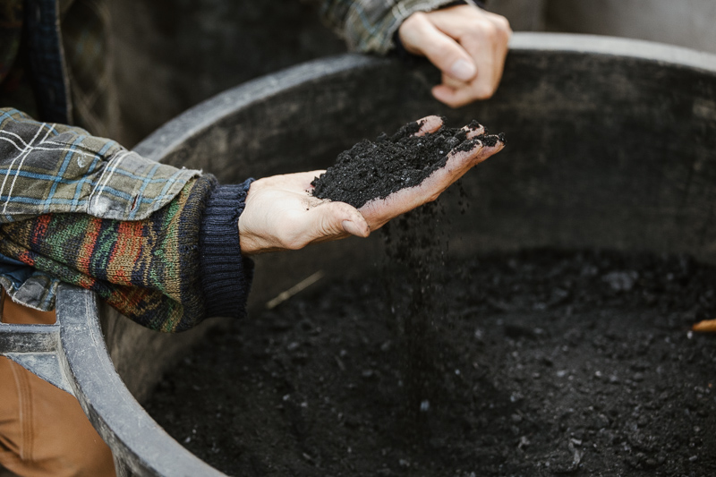 Reportage Detail: Hand voll dunkler Pflanzenkohle.