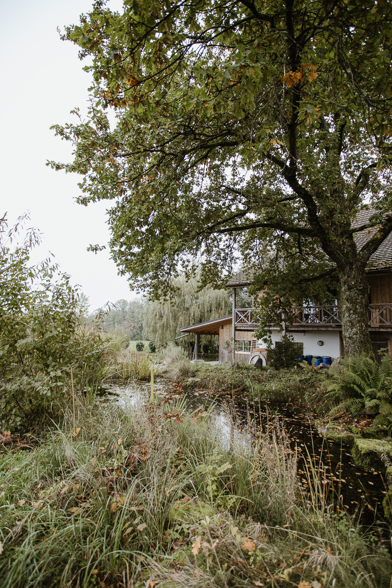 Gesamtansicht des Betriebs mit Teich und Holzhaus im Hintergrund
