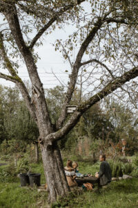 Familienszene unter dem Baum der Gärtnerei. Business Reportage.